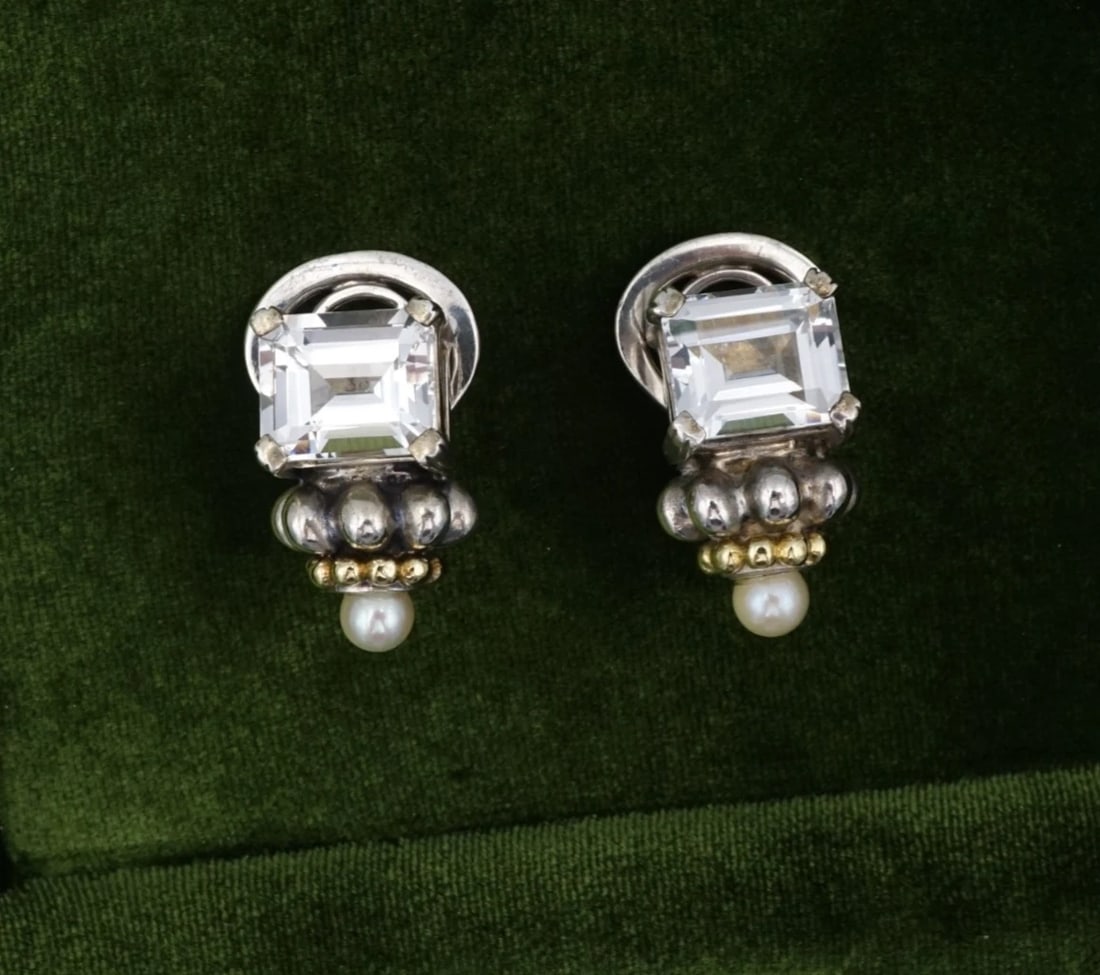Lagos Caviar White Topaz Pearl Earrings Sterling Silver 18k Gold 0.9" ES2907: This pair of Lagos Caviar ear clips feature a large, emerald-cut white topaz prong set in a chunky sterling silver construction with graduated beadwork in sterling and 18k yellow gold. Metal Type: Ste