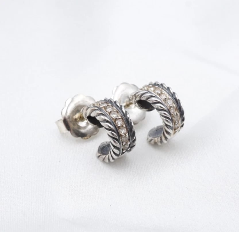 David Yurman Huggie Hoop Diamond Stud Earrings 18k Sterling Silver 12mm ES2910 (1 of 7)