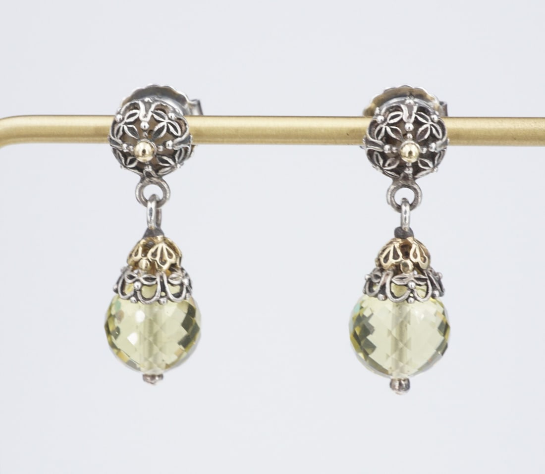Konstantino Prasiolite Filigree Drop Dangle Sterling Silver 18k Gold 1" ES2690: These designer Konstantino earrings each feature a briolette cut prasiolite dangling from a domed stud. The detailed filagree work takes inspiration from Athenian opulence. Crafted from solid sterling