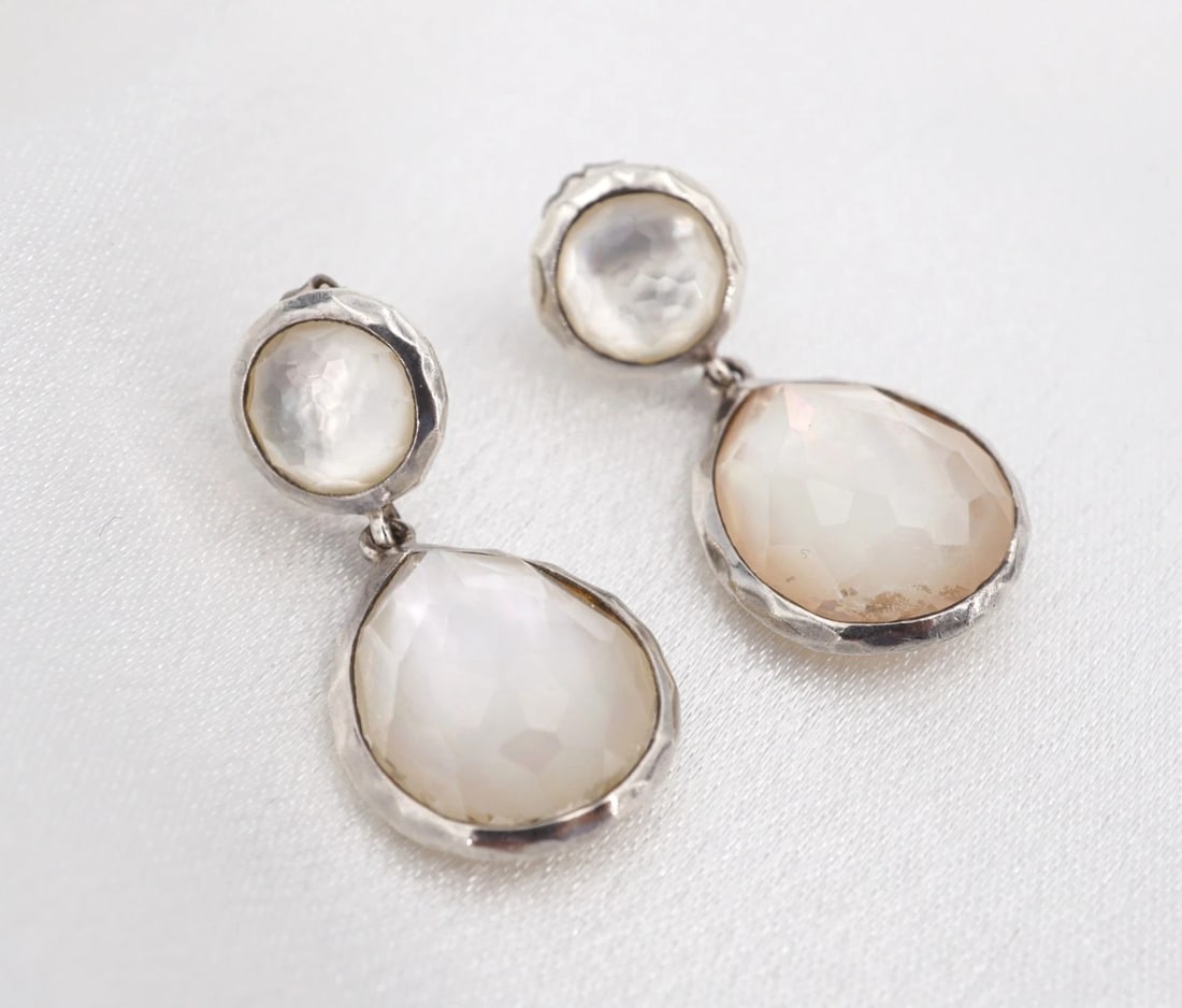 Ippolita Rock Candy Mother of Pearl Quartz Drop Earrings Sterling 1.2" ES2791: These earrings by designer Ippolita feature round and teardrop doublets of mother of pearl and quartz set in a hammered sterling silver frames. Metal Type: Sterling Silver Notable Marks: Ippolita 925 