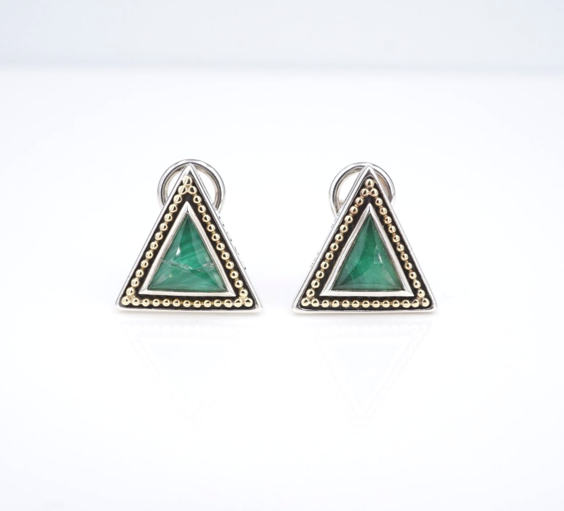 Lagos Malachite Treasure Chest Earrings Sterling Silver 18k Gold Triangle ES2692: From the iconic Treasure Chest collection, this pair of Lagos designer earrings features a large triangular malachite gemstone bezel-set in sterling silver with 18k yellow gold bead accents. They fast