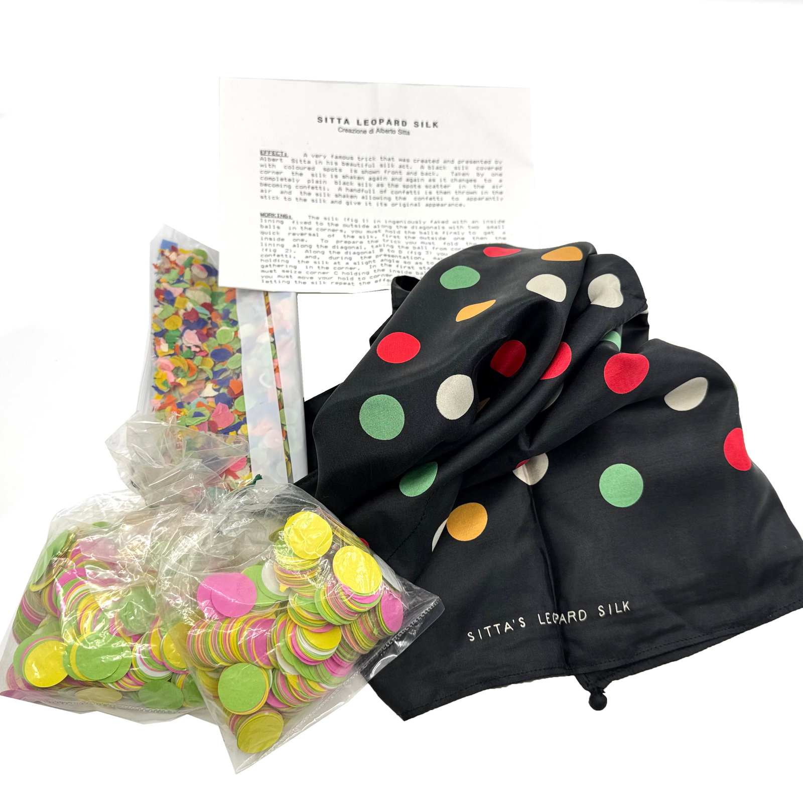 Alberto Sitta: Sitta's Leopard Silk w/ Confetti & Instructions: Original Sitta's Leopard Silk created by Italian magician Alberto Sitta, accompanied by original printed instructions and colorful confetti. This iconic magic prop is used to create visual transformat
