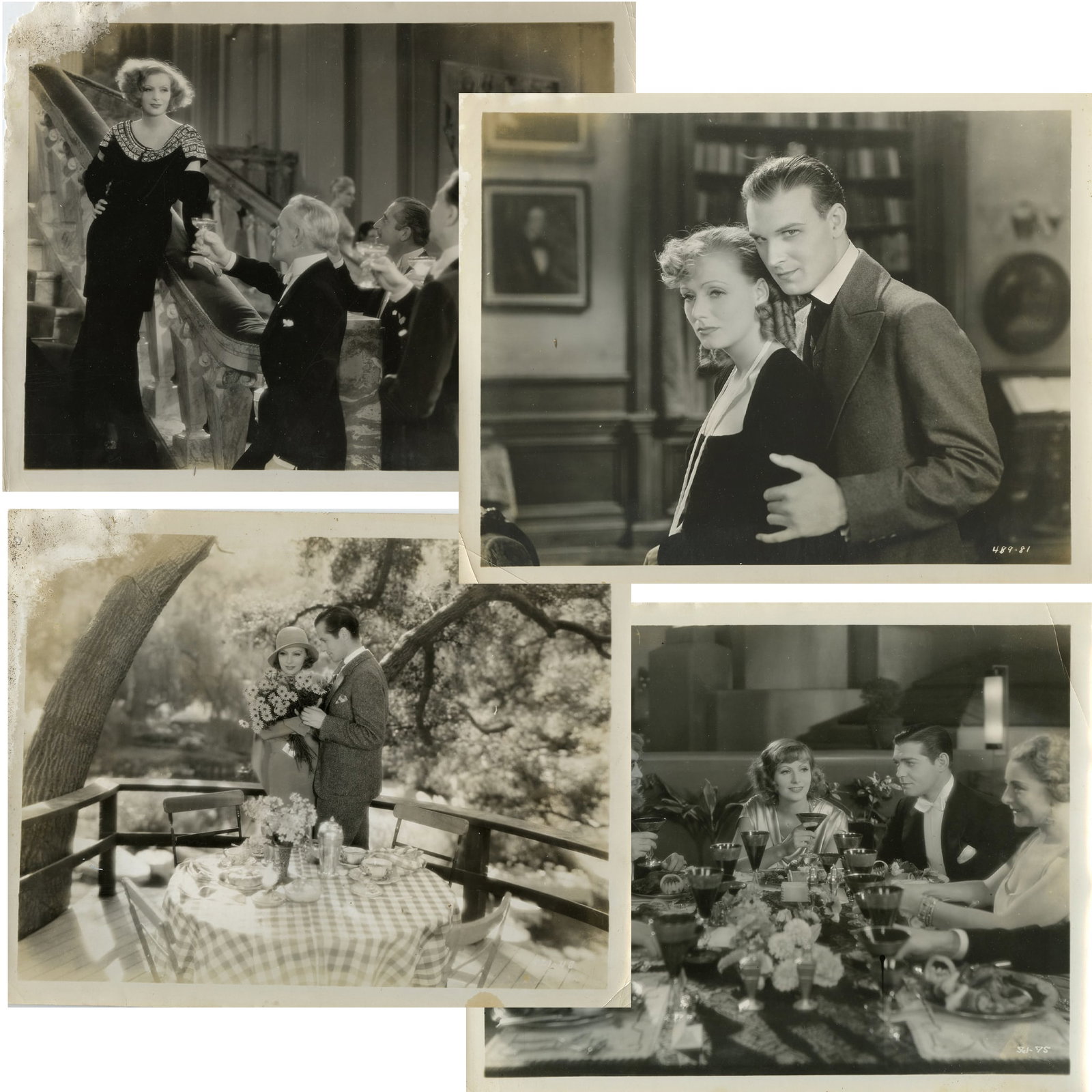 Greta Garbo: Susan Lenox, Romance (4) Pre-Code Original MGM Film Stills 1930s: Group of four original 8"x10" black and white film stills featuring Greta Garbo from early MGM productions. Titles include Susan Lenox (Her Fall and Rise) co-starring Clark Gable, Inspiration, and Rom