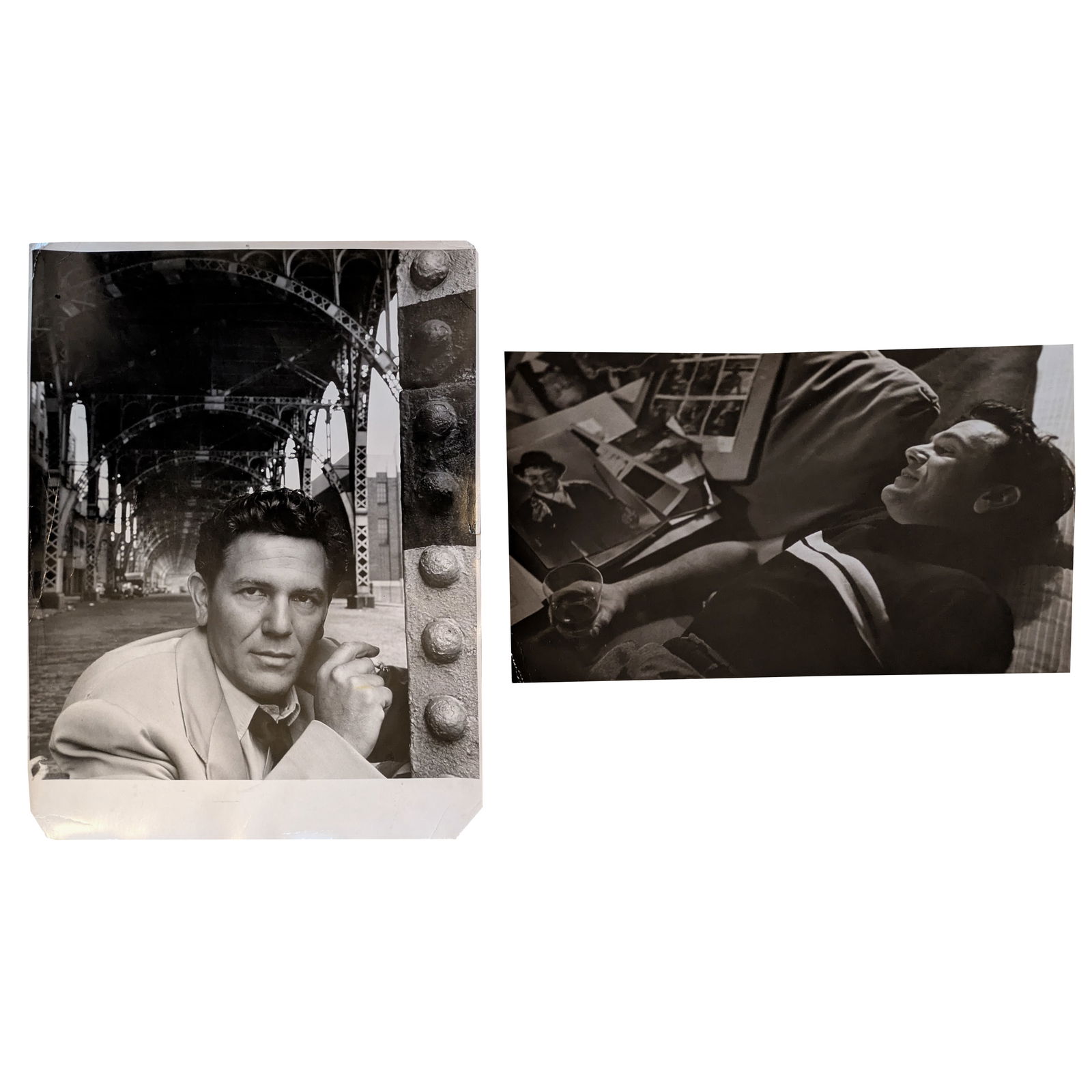 John Garfield: (2) Oversized Original Photos, Paul Radkai & NYC Portrait, 1940s: Two original oversized black-and-white photographs of actor John Garfield, circa 1940s. The first is a candid image showing Garfield reclining on a sofa, dressed casually in a t-shirt and holding a dr