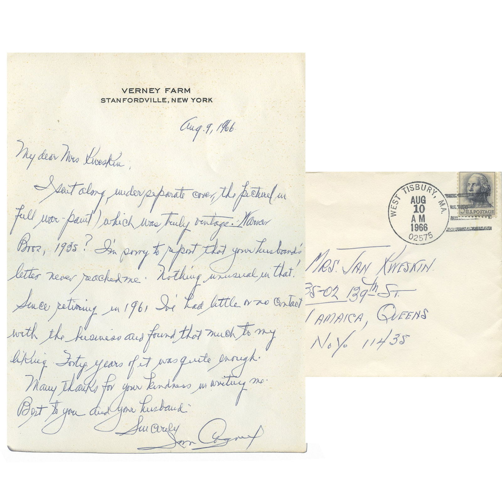James Cagney: 1966 Handwritten & Signed ALS on Verney Farm Letterhead (1 of 3)