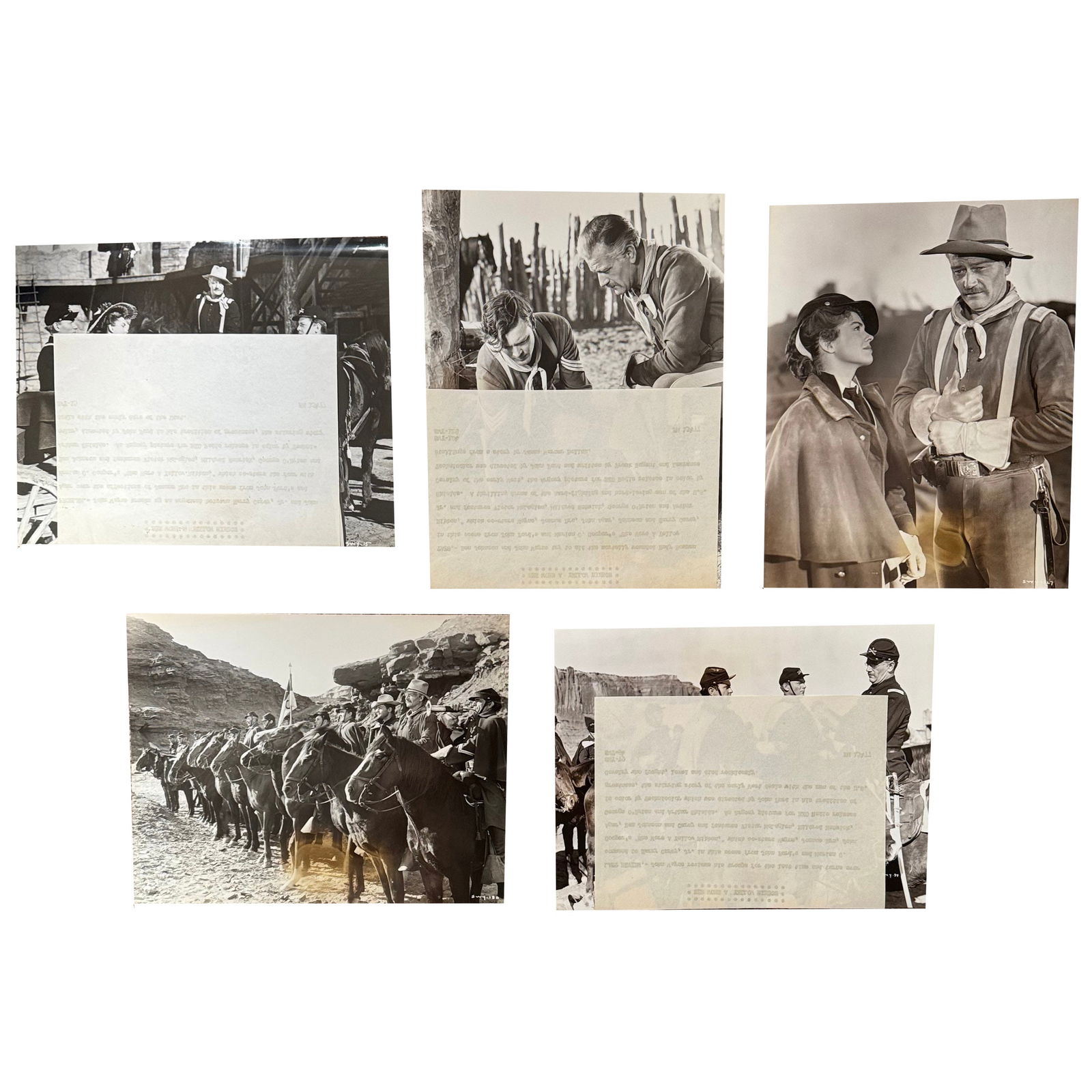 She Wore a Yellow Ribbon 1949: Group of 5 Original Film Stills John Wayne w/ Snipes: Group of five (5) original black and white film stills from the 1949 Western She Wore a Yellow Ribbon, starring John Wayne and directed by John Ford. Each still measures 7 1/2" x 9 1/2" and includes t