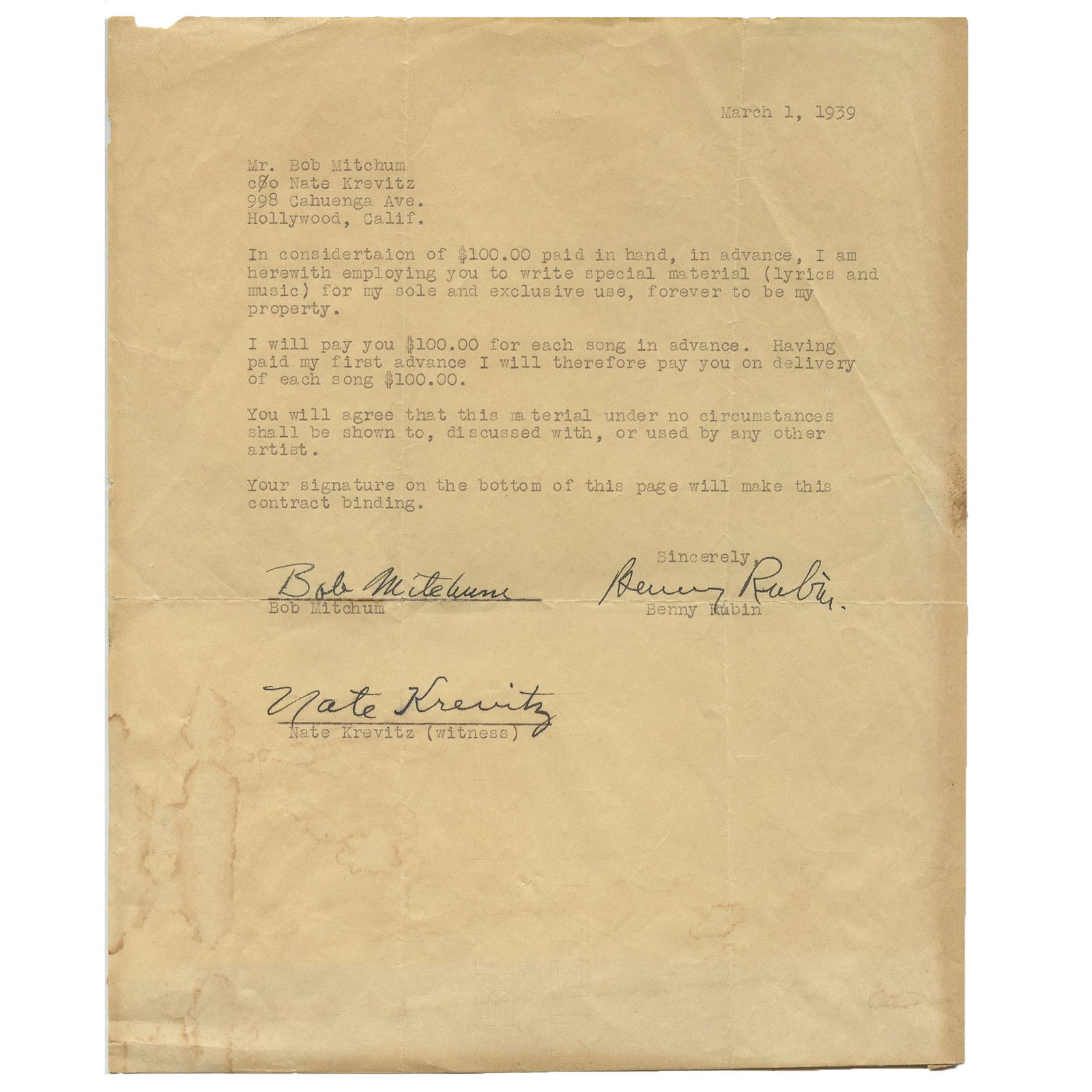 Robert Mitchum: Early 1939 Signed Contract for Lyrics, Pre-Hollywood Career (1 of 1)