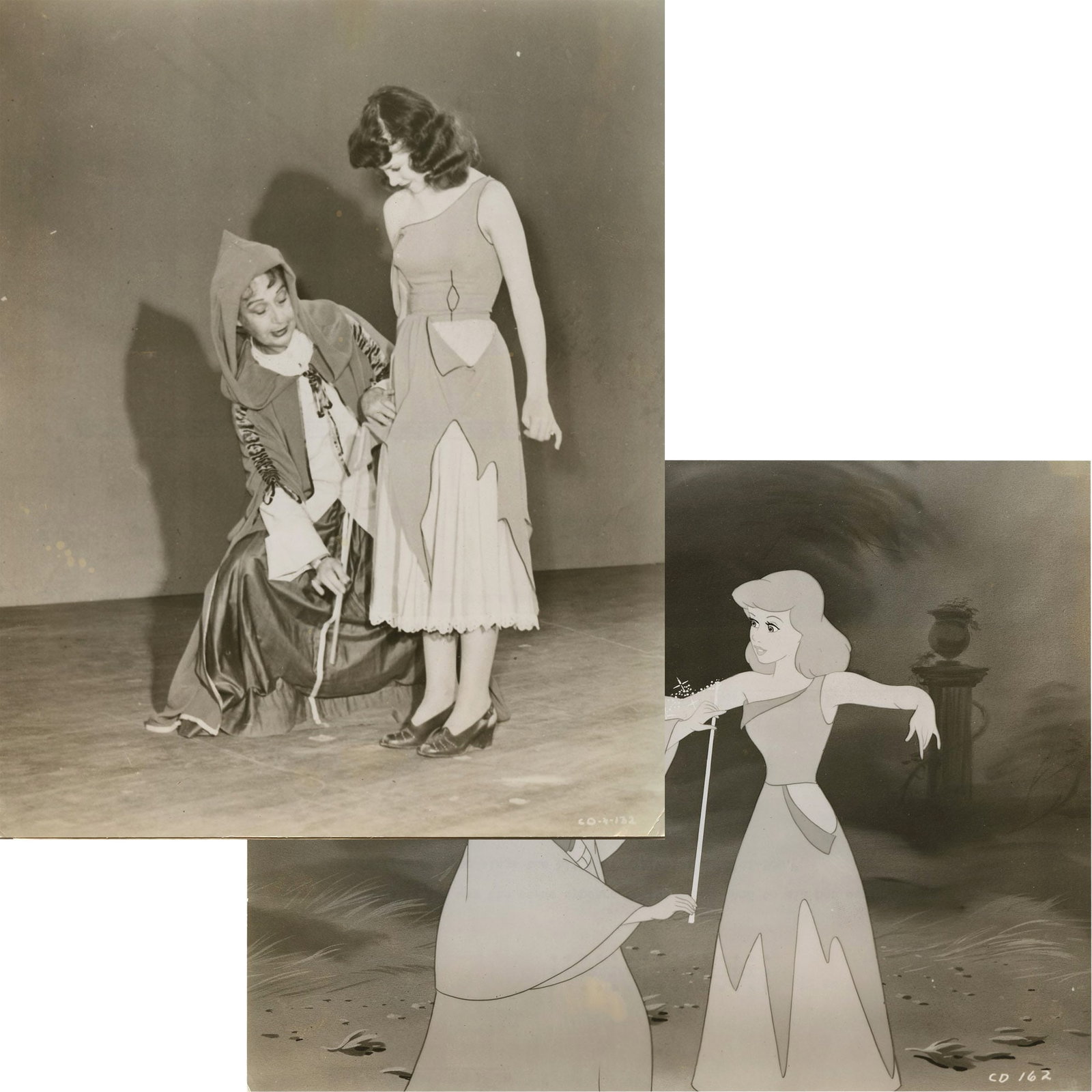 Walt Disney's Cinderella (1950): Pair of 8x10 Continuity Layout Stills Featuring Live-Action: This lot comprises two original 8" x 10" black and white film stills from Walt Disney's 1950 animated classic, Cinderella. These stills are labeled "continuity layout" and bear original RKO Feature Se