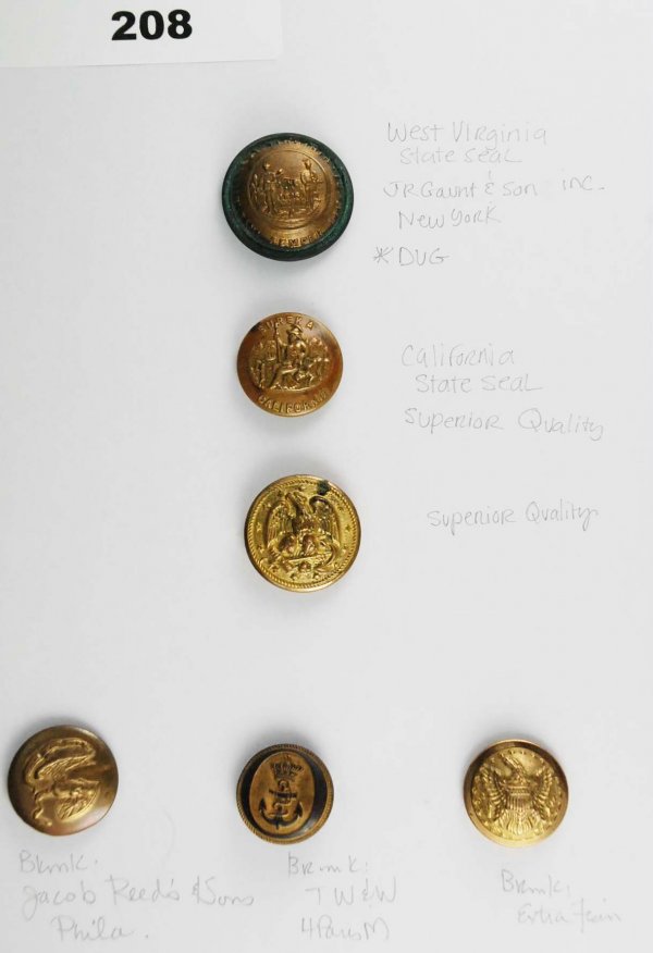 State Seals- Military: Top: West Virginia State Seal, Backmark JR Gaunt & Sons Inc., New York Dug Bottom Row, Left: Backmark: Jacob Reeds & Sons, Phila., Center: Backmarked TW&W, 4ParisM Right: Backmark: Extra Fein