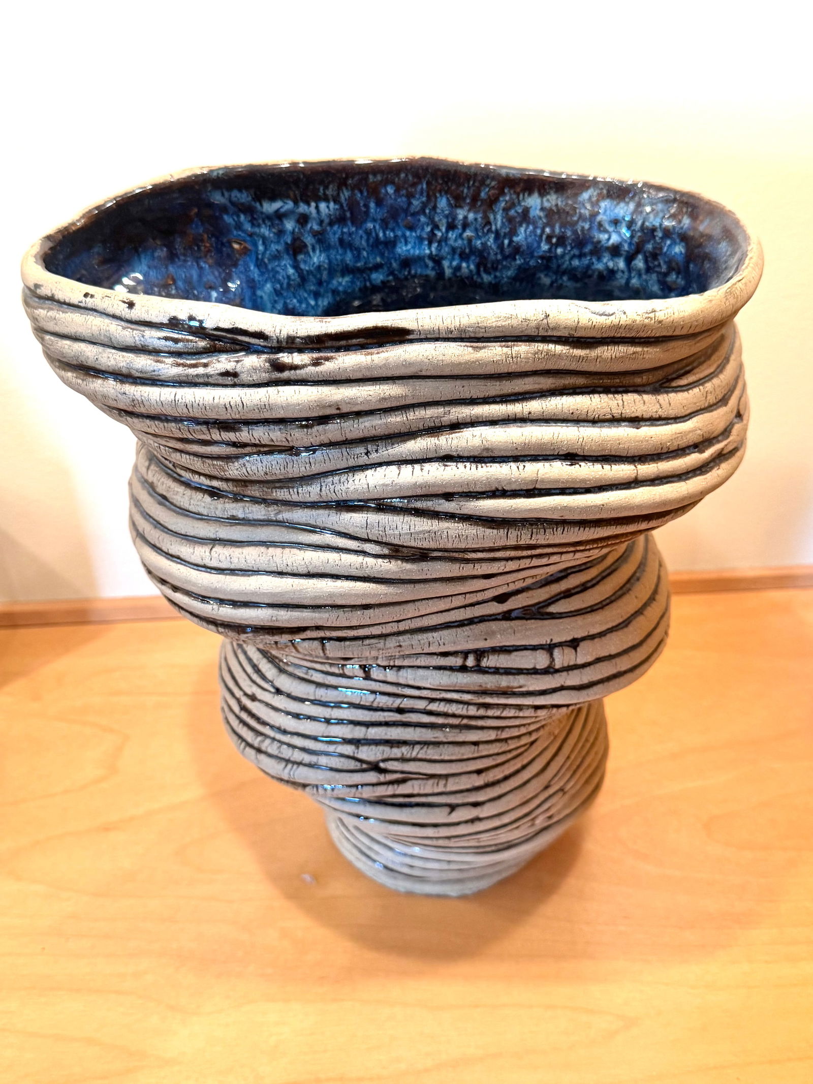 1990 Coil  Grey Art Pottery Vase with Blue and Brown Stripes (1 of 4)