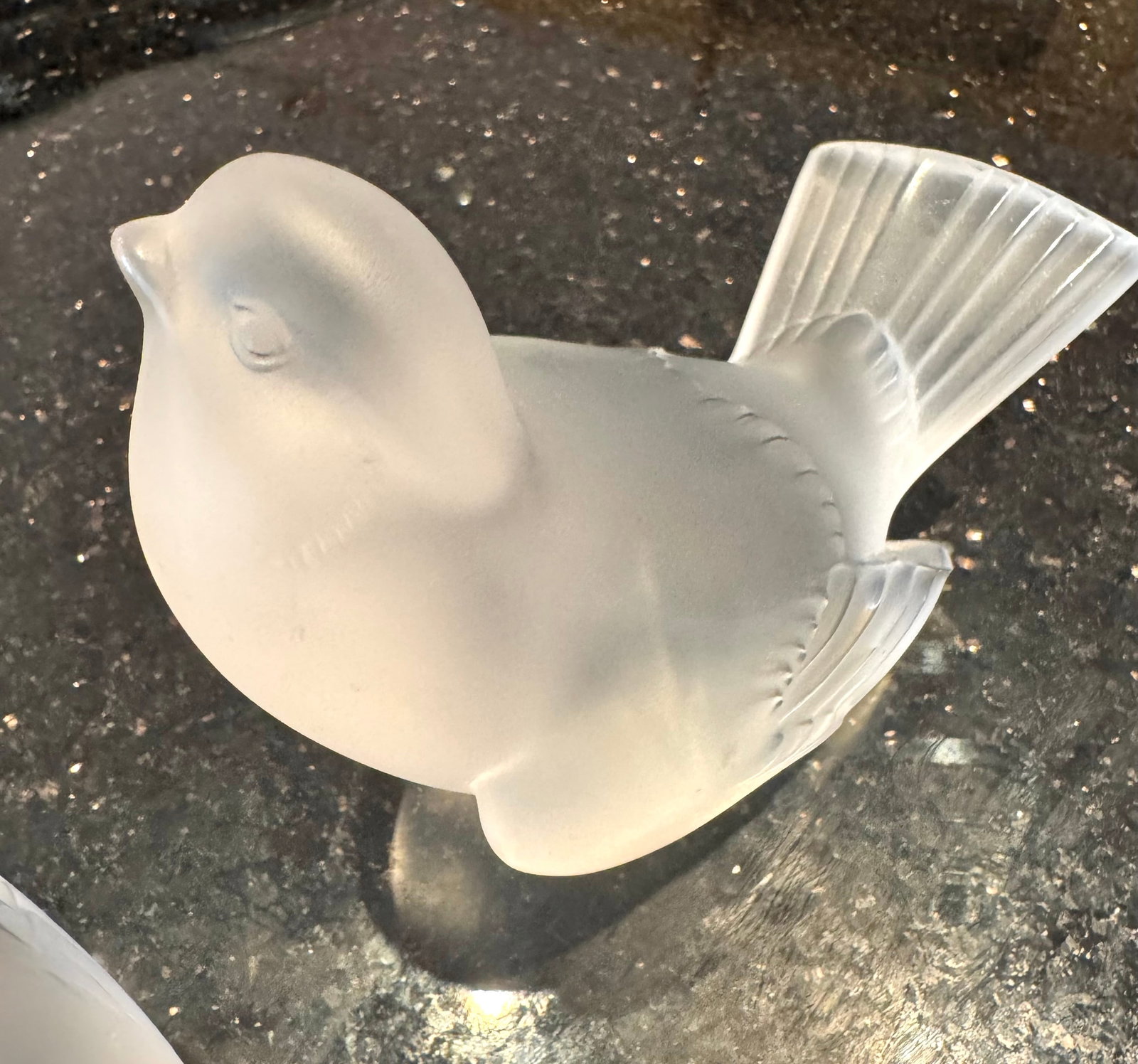 Pair of Lalique Crystal Frosted Sparrows (10”w x 10”d): Pair of Lalique Crystal Frosted Sparrows (10”w x 10”d) $125 (5lb) (one sparrow chipped)