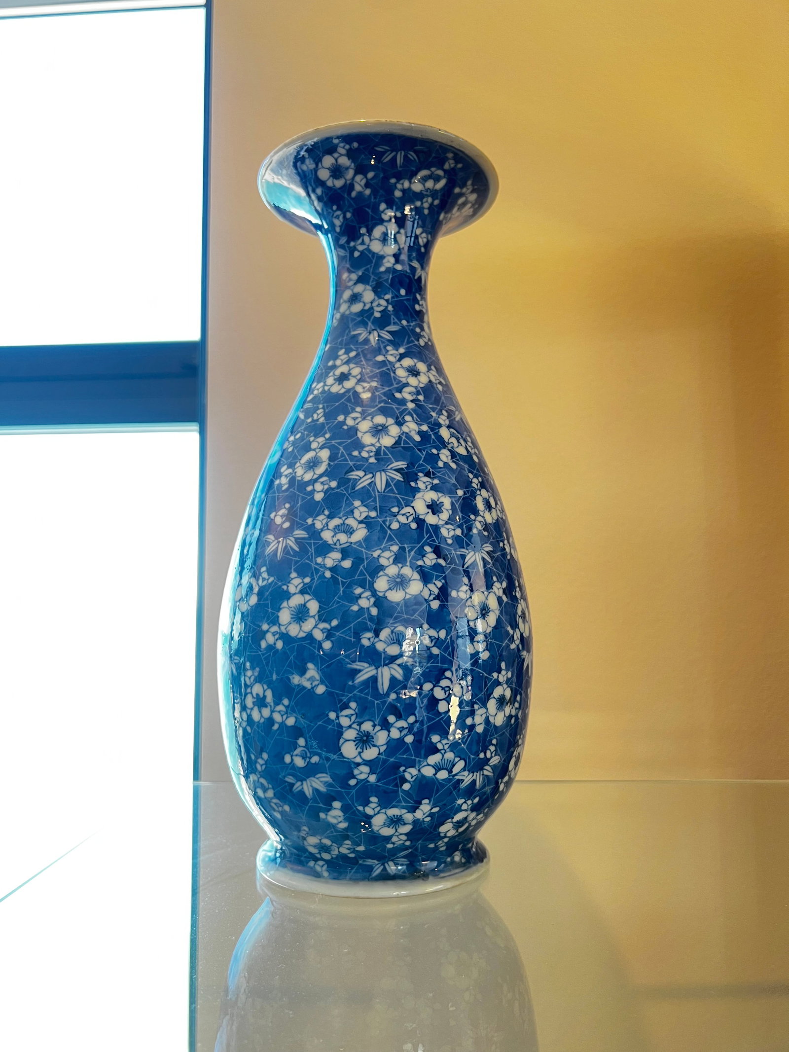 Japanese Seto Blue/White Prunus Balustrade Vase Taisho Period by Kato Yoshiku 12"h: Japanese Seto Blue/White Prunus Balustrade Vase Taisho Period by Kato Yoshiko 12"h x 5.5" diameterExcellent condition