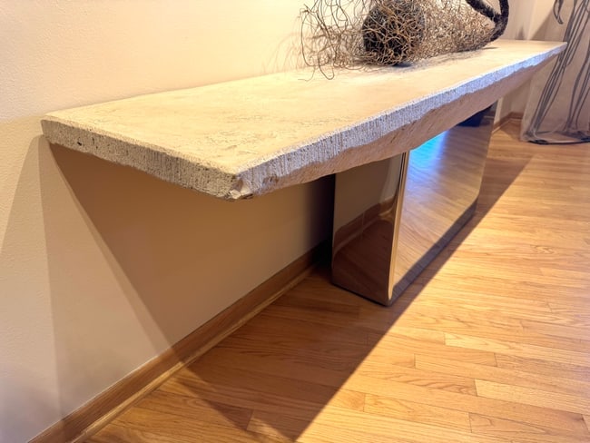 Textured Fiberglass and Mirror Base Entry Console Table: Textured Fiberglass and Mirror Base Entry Console Table (27”h x 96”w x 18”h) $12,000 (125 lb)