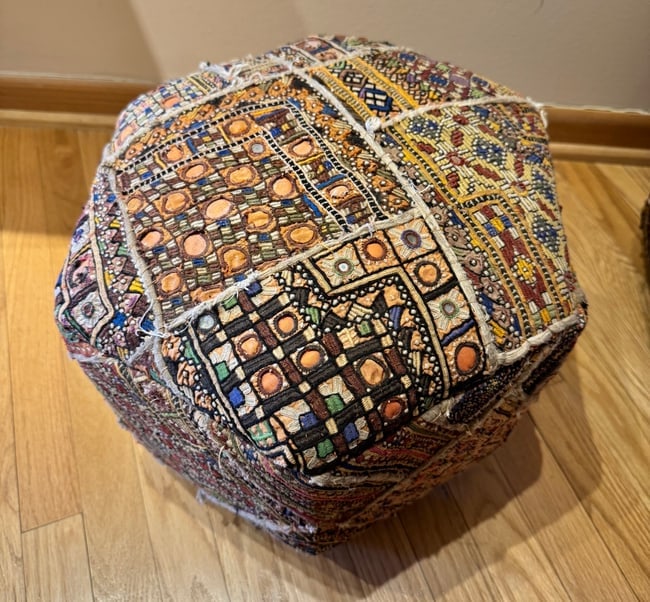 Rug and Carpet Hexagon Pouf Footstools: Rug and Carpet Hexagon Pouf Footstools (18”w x 13”h) please see auction for second stool
