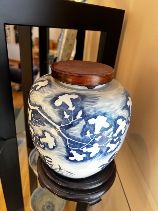 Antique Chinese Porcelain Ginger Jar Tree with Birds Pattern on Black Wooden Pedestal w/Lid 11"h (1 of 2)