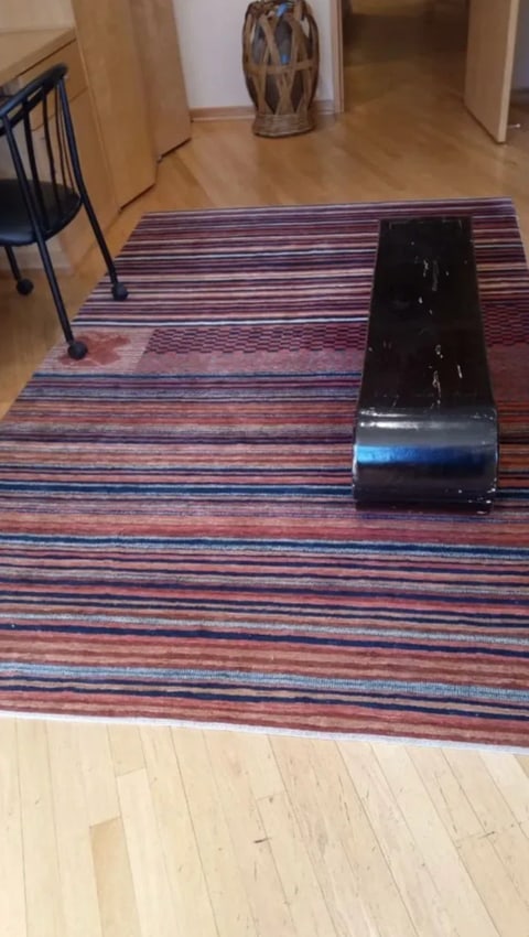 Red Striped Hand woven Kilim Wool Rug signature weaved into design 106" x 66" cut-pile: Red Striped Hand woven Kilim Wool Rug signature weaved into design 106" x 66" cut-pileExcellent condition