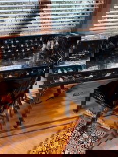 Mother of Pearl Inlay Desk: Black laquer painted and semiprecious stone and mother of pearl inlay desk. Bring timeless beauty and craftsmanship into your workspace with this Mother of Pearl Inlay Desk. Featuring intricate inlays