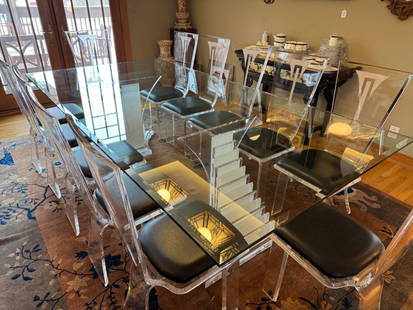 Lucite Dining Room Table: Lucite Dining Table with (12) ChairsContemporary 2 pedestal Lucite Dining Table with Glass Bevel Top (small chip imperfection), 12 Lucite Chairs/Black Leather CushionsApproximately:Table: 106&rdquo;L