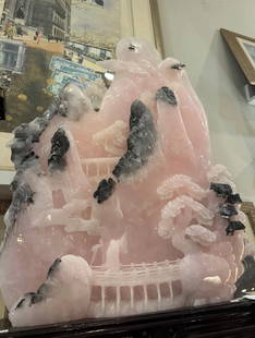 The Rose Quartz The Valley: This is beautifully midsize Sculpture of the Valley made of Rose Quartz. Extremely heavy and is on display at our store location.Quartz H. 31.5 W 27 D2Wooden Pedestal H6 W 27 D7.5