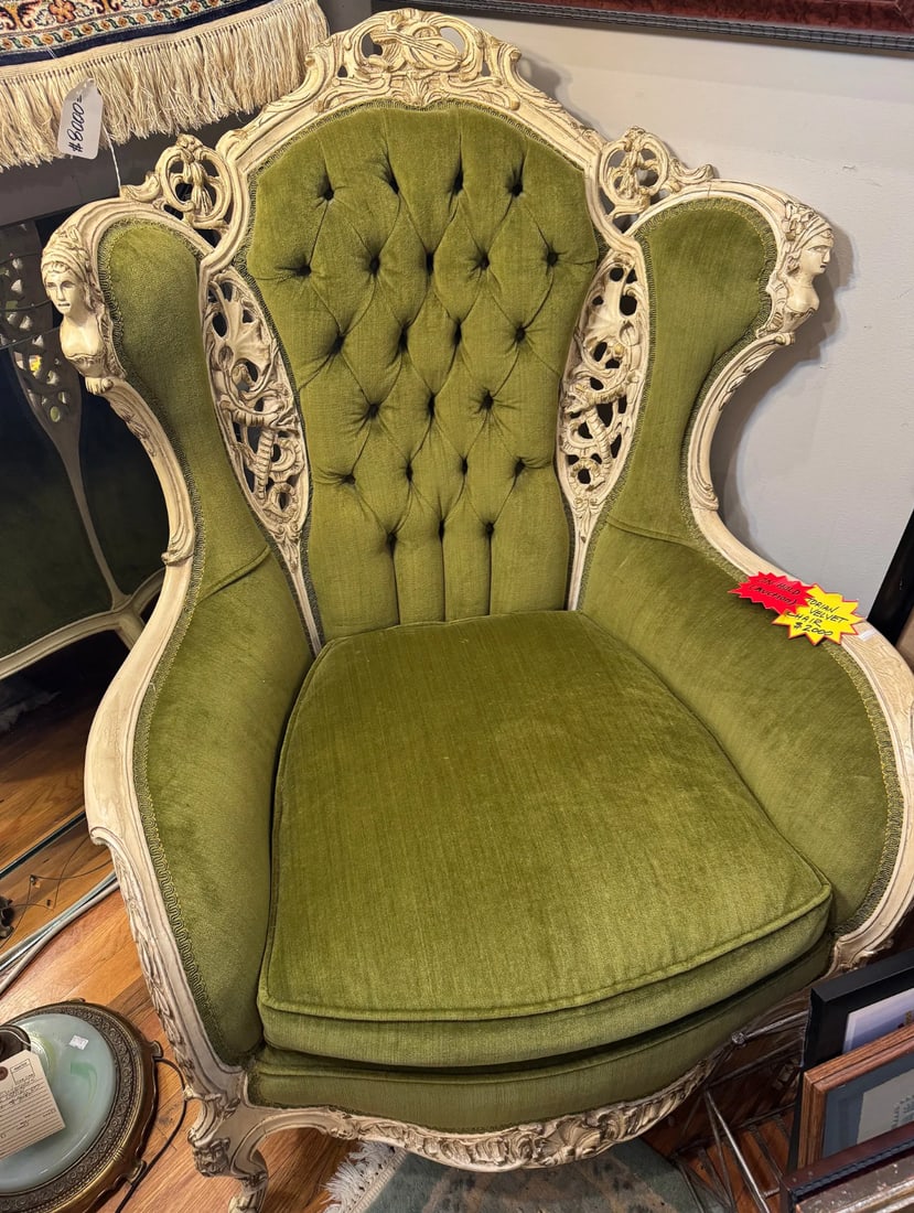 French Louis XV Crushed Velvet Wingback Chair: French Louis XV Crushed Velvet Wingback Chair. Add an air of sophisticated luxury to your space with this French Louis XV Crushed Velvet Wingback Chair, a perfect blend of classic French design and mo