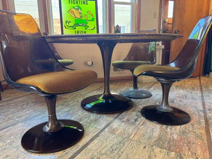 Saarinen Tulip Table with Chromcraft Chairs: Chromcraft Mid Century Modern Tulip Chairs (total of 4, one needs repair) - Table is 5' x 4' wide. Tulip chairs are L 1'5" x W 1'8" x H 3'