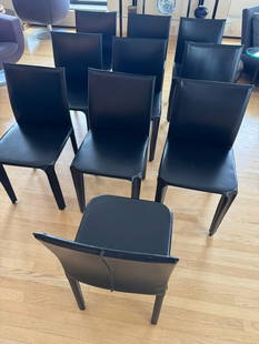 MCM Black Leather Chairs by Arper, 1970 [10 total chairs]: 18w 17 1/2D 34h 25 pounds each total Pounds 250 Reproductions - No Markings
