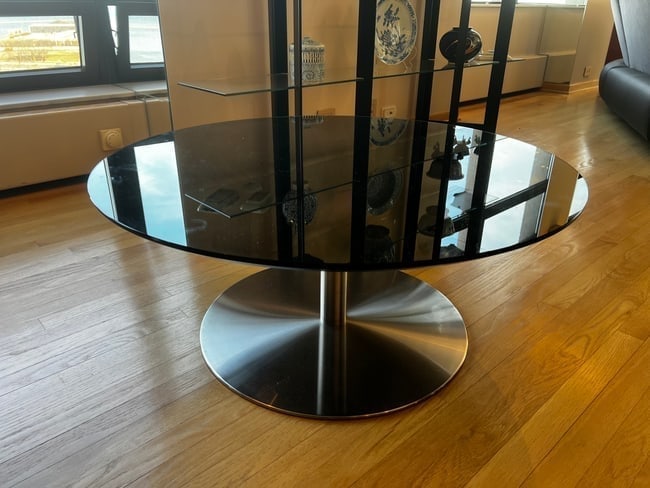 Casamilano Modern Round Coffee Table – Smoked Glass Top & Brushed Metal Base (2005) (1 of 3)