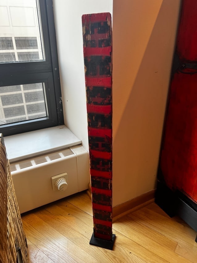 Red & Black Modernist Totem Sculpture – Geometric Painted Wood with Stand (1 of 3)
