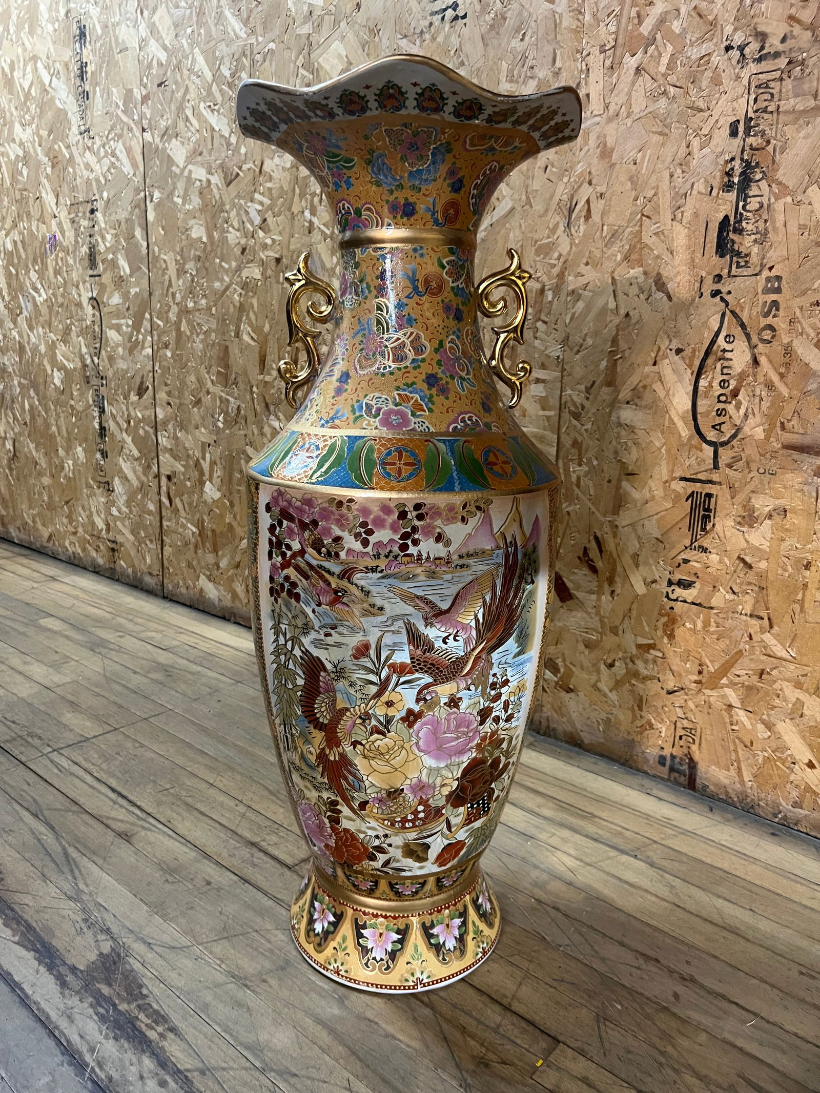 Large Hand-Painted Asian Floor Vase – Birds, Flowers & Gold Accents – Vintage Decorative (1 of 11)