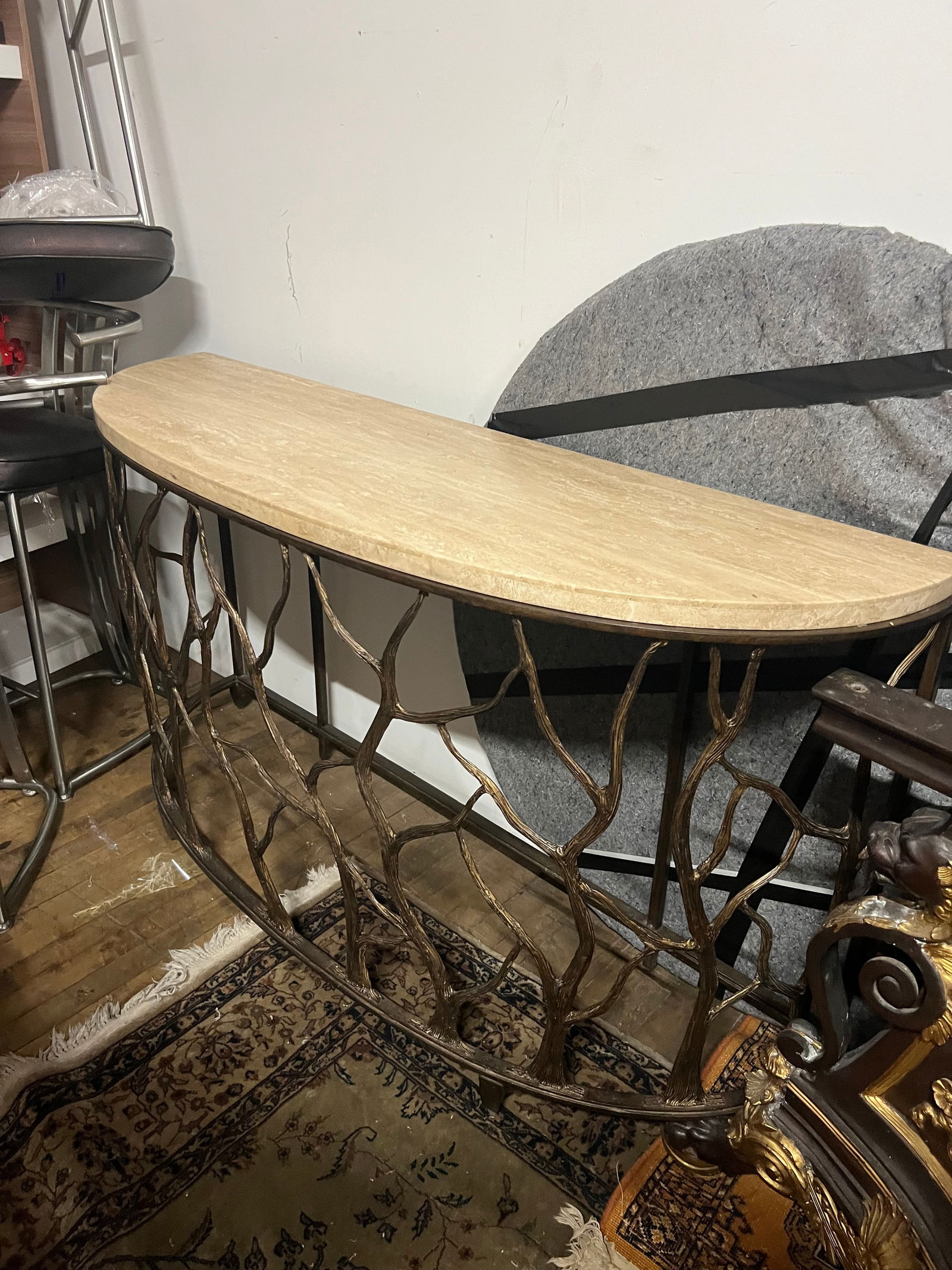 Modern Organic Console Table with Travertine Stone Top & Bronze Branch-Style Base (1 of 5)