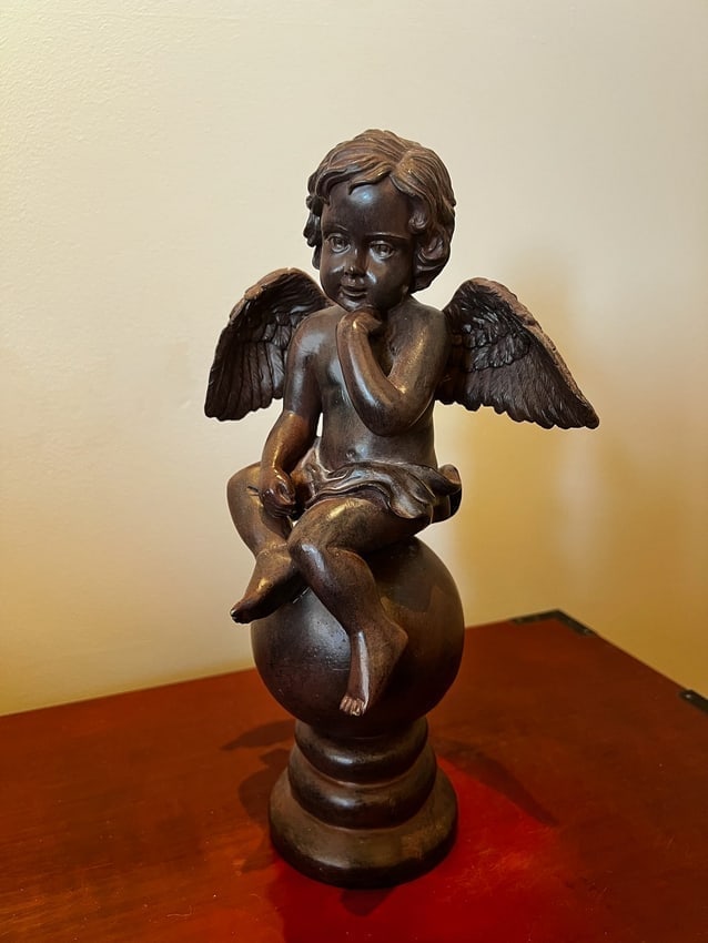 Bronze-Finish Cherub Angel Sculpture Seated on Sphere (1 of 4)