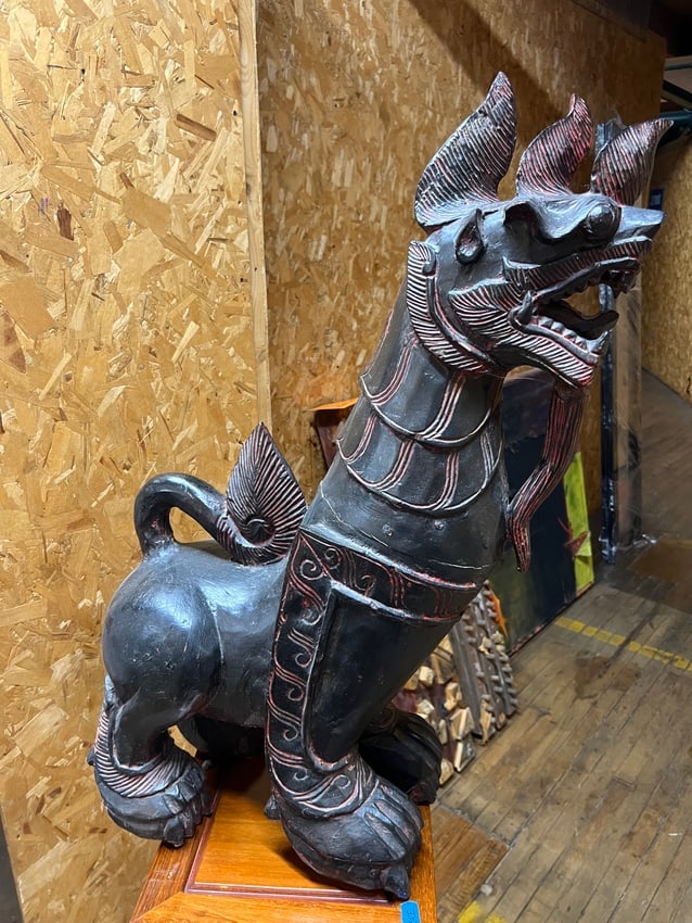 Antique Asian Carved Wood Foo Dog Guardian Statue, Black with Red Accents (1 of 6)