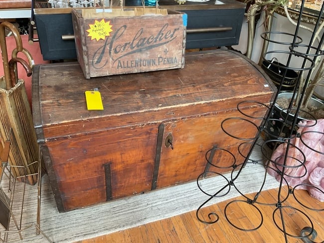 Antique Dome-Top Pine Chest with Iron Strapping 19th Century Primitive Trunk (1 of 2)
