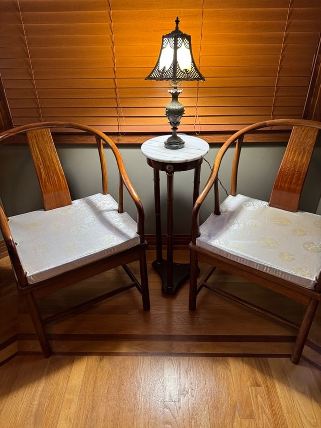 Pair of Vintage Ming-Style Horseshoe Armchairs Solid Wood with Silk Cushions (1 of 7)