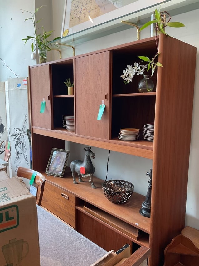 Mid-Century Modern Teak Wall Unit Sliding Doors, Adjustable Shelves & Base Storage (1 of 7)
