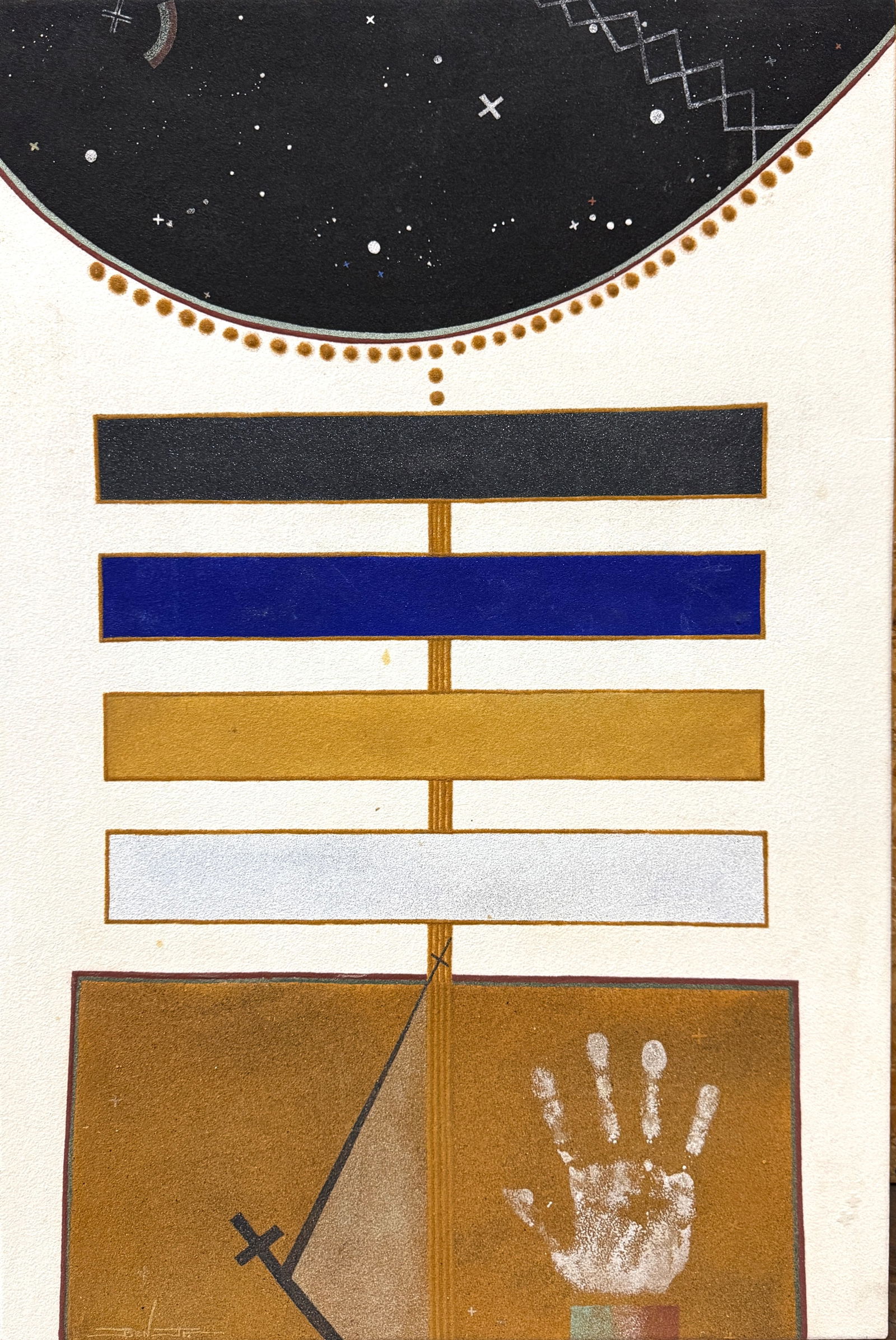 Abstract Geometric Mixed Media Painting with Handprint and Cosmic Motifs (1 of 2)