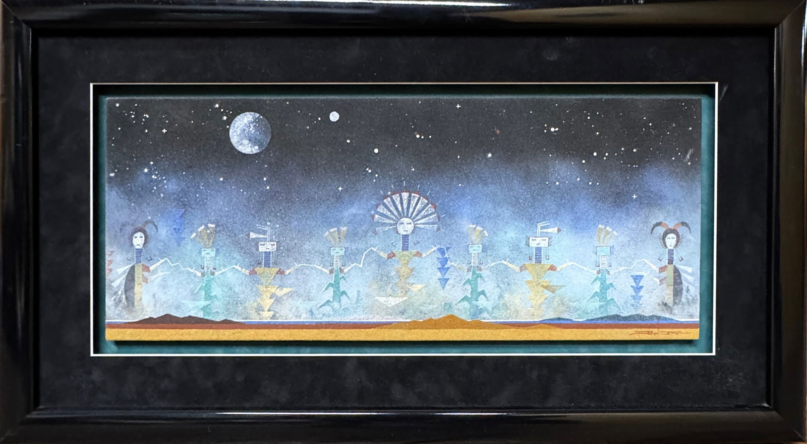 Framed Navajo Sand Painting with Yei Figures and Night Sky, Signed (1 of 3)