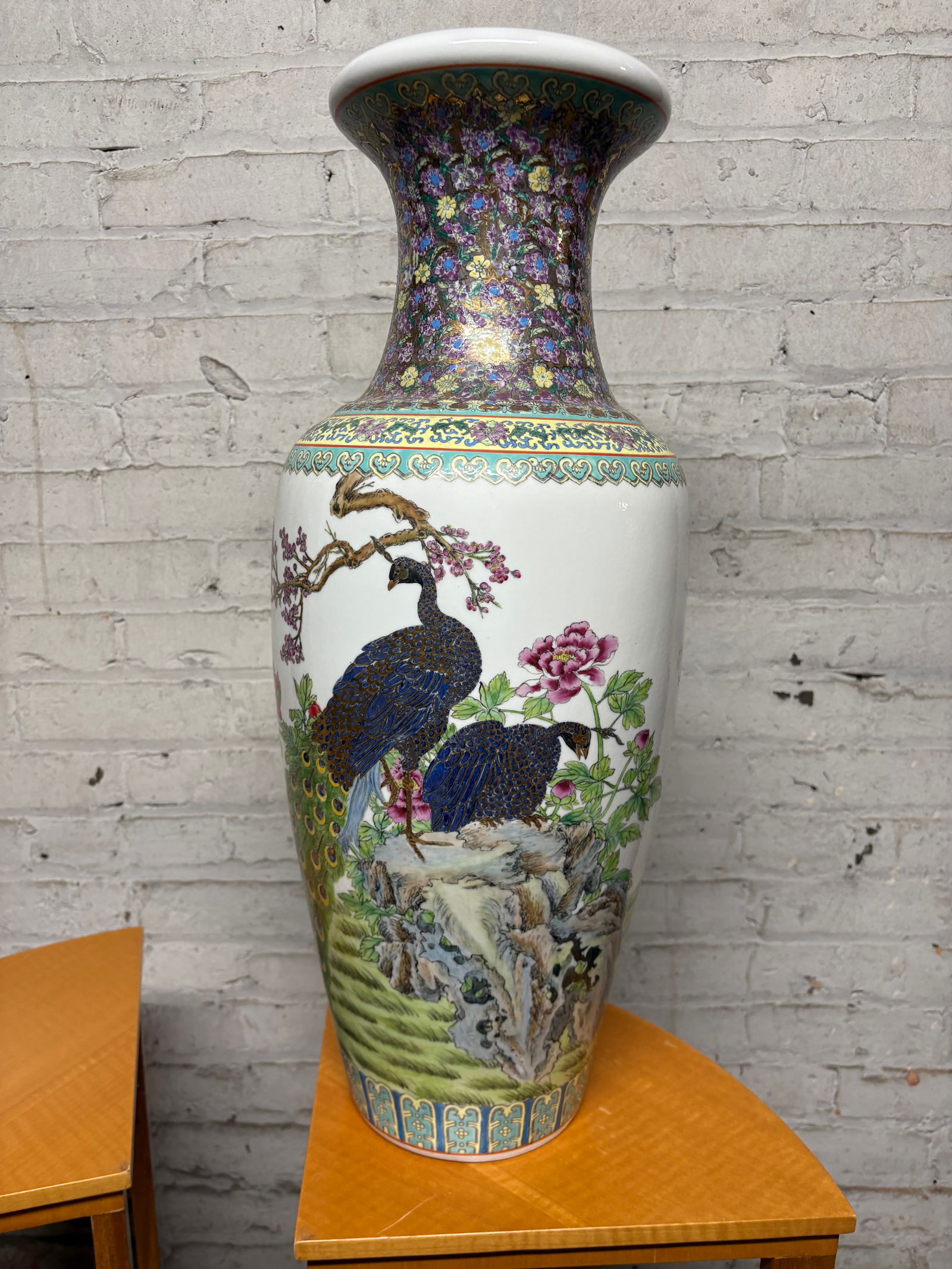 Large Chinese Famille Noire Porcelain Vase with Peacocks and Peonies – Hand-Painted (1 of 10)