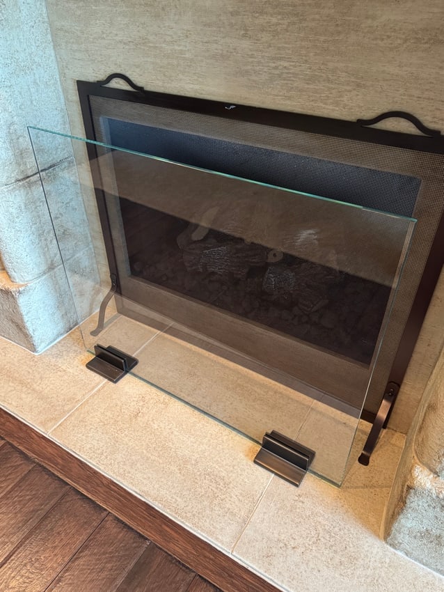 Modern Tempered Glass Fireplace Screen with Metal Base (1 of 2)