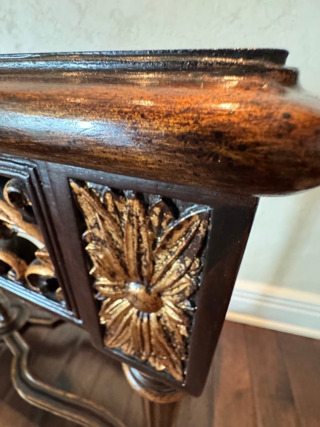 Jonathan Charles Carved Wood & Leather Upholstered Stool: A finely crafted Jonathan Charles stool featuring an ornately carved wooden frame with shell and foliate motifs, cabriole legs with acanthus detail, and a rich brown leather upholstered seat. The piec