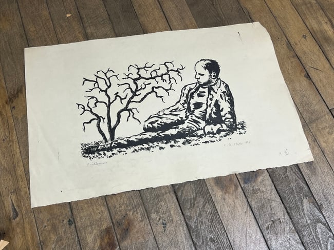 C.G. Staples 1955 Mid-Century Black & White Print Figure with Tree, Signed (1 of 8)