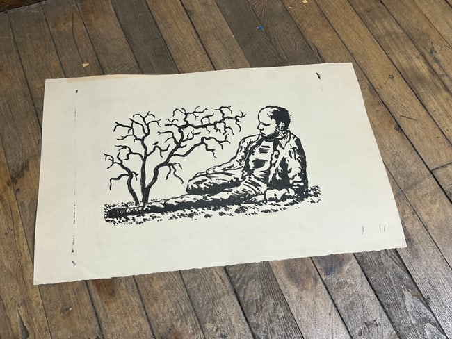 C.G. Staplin 1955 Woodcut Print Seated Figure with Bare Tree, Mid-Century Modern (1 of 4)