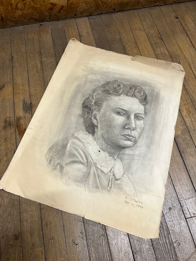 Charles Staples (1954) Portrait of a Woman, Original Graphite Drawing: A finely rendered graphite portrait by Charles Staples, dated January 26, 1954. The subject is a young woman in a collared garment, captured with expressive realism and tonal depth. A rare dated mid-c