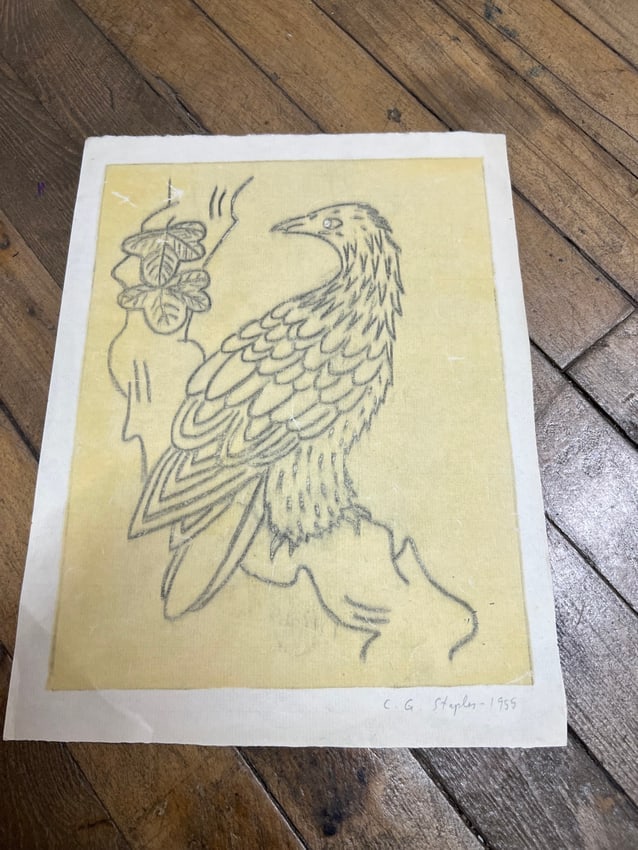 Charles Staples (1955) Bird and Butterflies Variant Print, Signed: A signed 1955 print by Charles Staples, from his Bird and Butterflies series. Depicts a stylized bird perched on a branch, opposite two butterflies, with bold mid-century graphic linework. This sheet