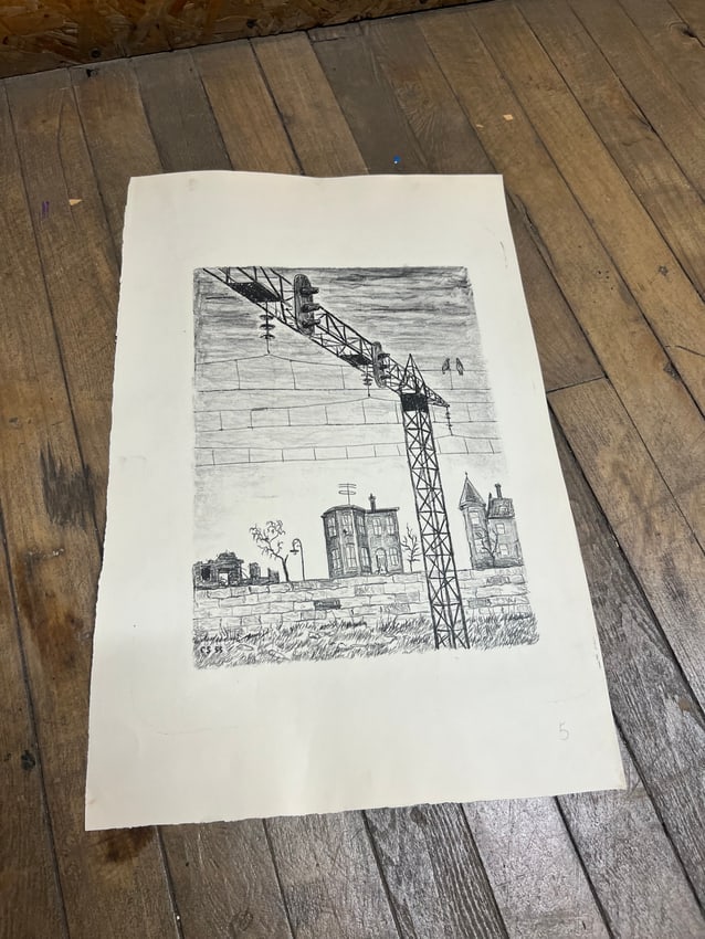 Charles Staples Urban Landscape with Signal Tower, Original Print (c. 1950s): An original print by Charles Staples, depicting an urban scene with houses, a church spire, and a tall steel signal or utility tower. Executed in fine linear detail, the work reflects Staples? interes