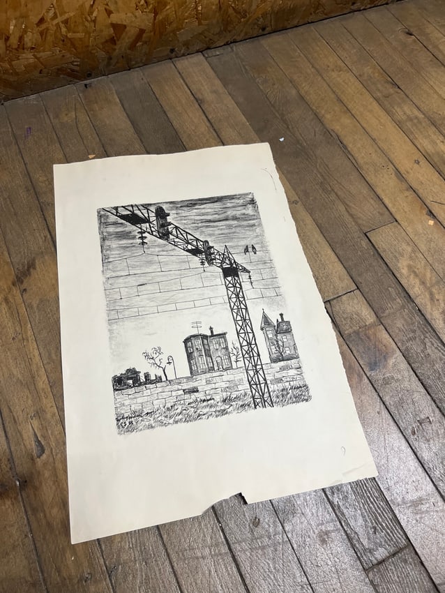 Charles Staples Cityscape with Signal Tower, Second Proof Impression (c. 1950s): A proof impression of Charles Staples mid-century urban landscape with a steel signal tower, row houses, and a church spire. Signed C.S.” in the plate. This sheet bears pencil number 9 at lower