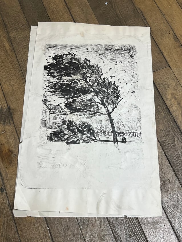 Charles Staples Windblown Tree and House Original Ink Drawing / Print (c. 1950s) (1 of 6)