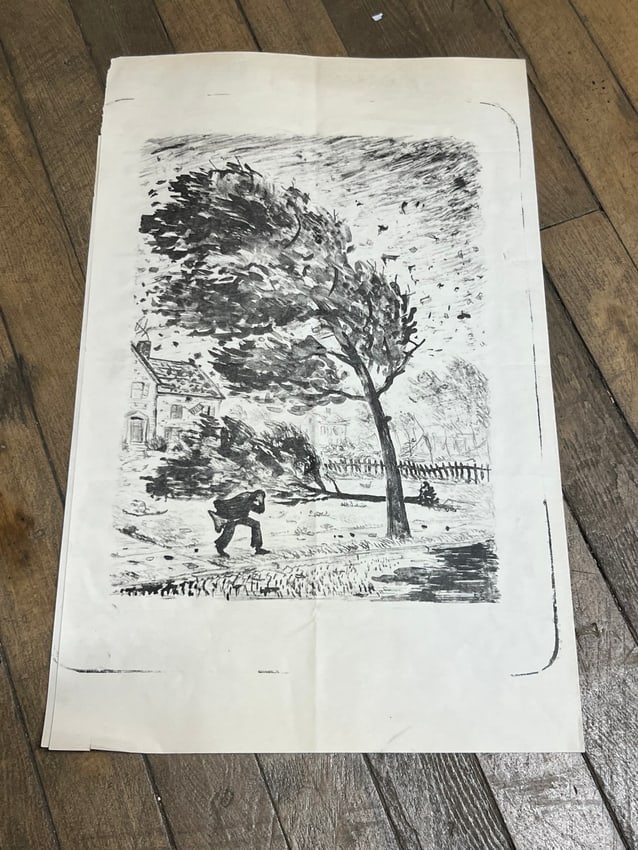 Charles Staples Windstorm with Figure and Tree Original Ink Drawing / Print (c. 1950s) (1 of 5)