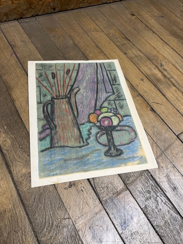 Mid-Century Modernist Still Life with Vase and Fruit Colored Pencil / Crayon on Paper: A vivid still life composition executed in colored pencil and crayon (or pastel) on paper, likely mid-20th century. The work features a tall pitcher with reeds and a stylized fruit arrangement, outlin