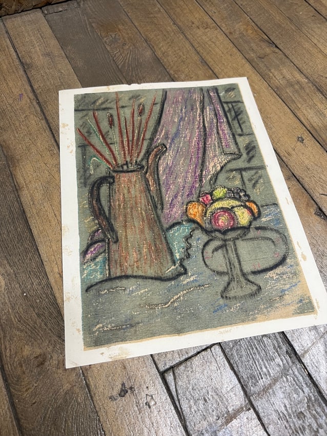 Mid-Century Oil Pastel Still Life with Vase and Fruit on Table Modernist Style: A vibrant still life composition in oil pastel on textured paper, mid-20th century. The work depicts a tall pitcher with reeds alongside a stylized fruit arrangement, set against a curtain-like backdr